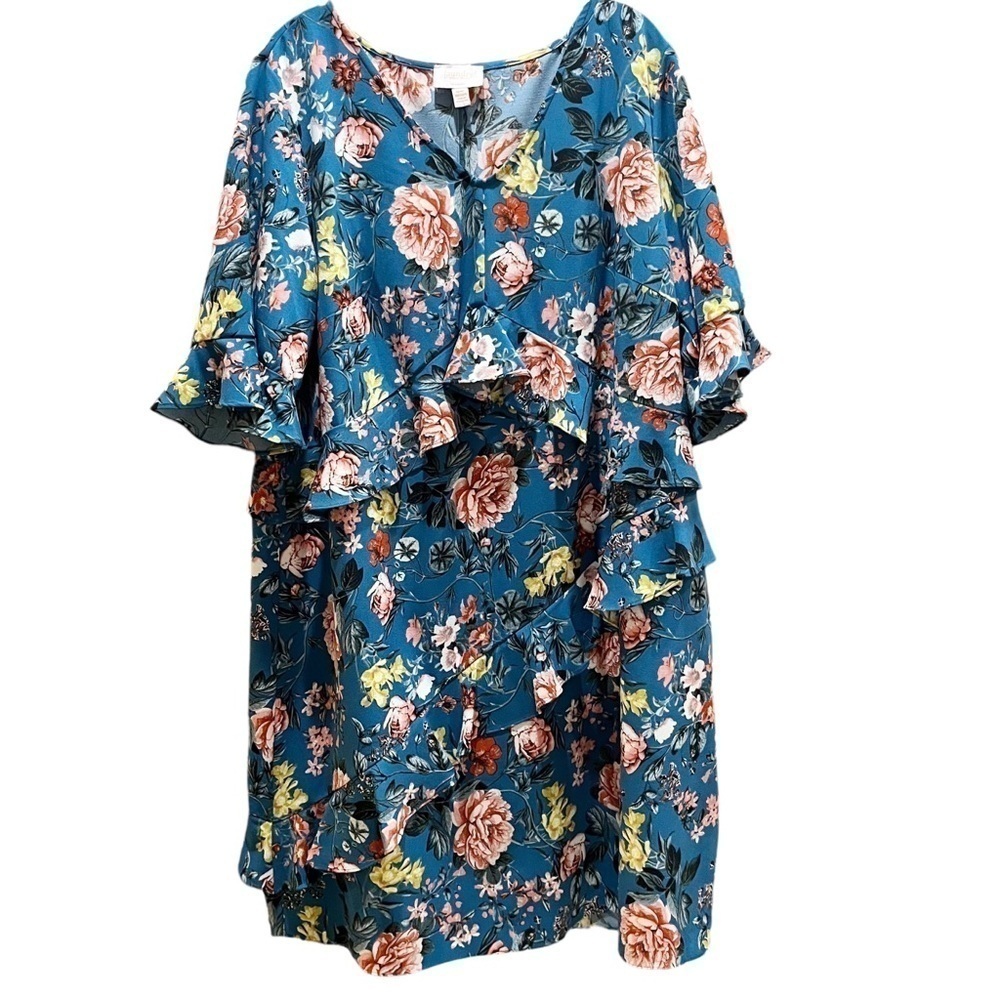 Laundry by Shelli Segal Teal Blue Floral Print Asymmetrical Ruffled Dress Sz 18W - Picture 2 of 10